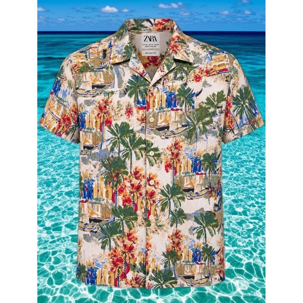 Zara Tropical Hawaiian Shirt Large Relaxed Fit Palm Tree Resort Button Up